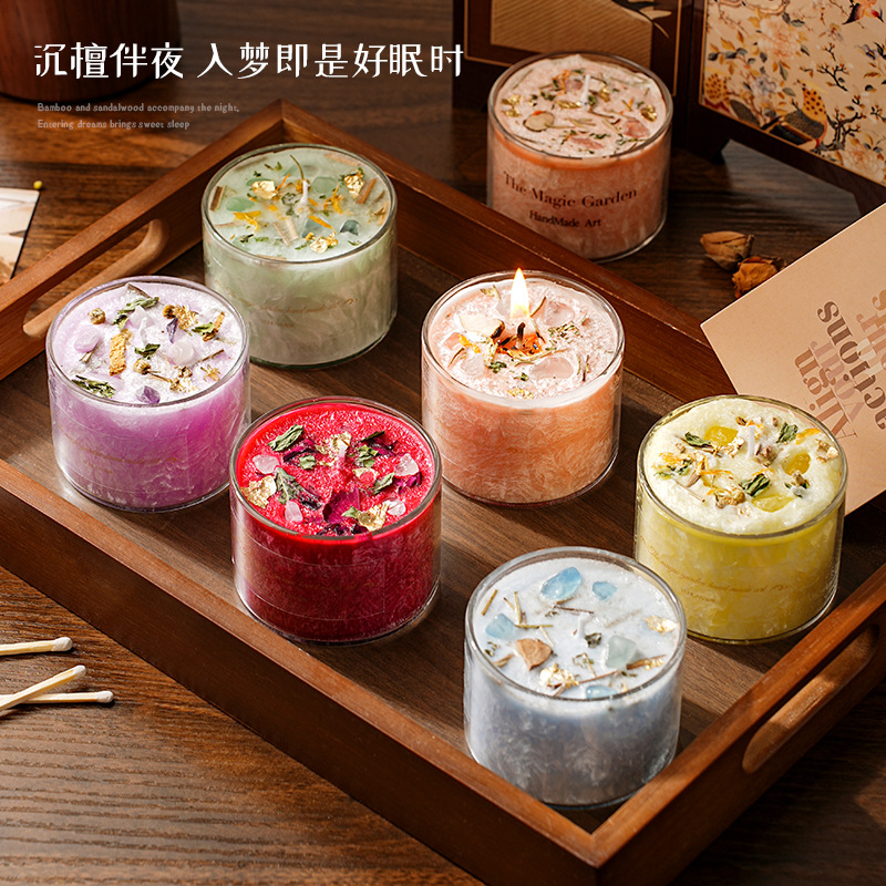 Herbal Aromatherapy Candles, Natural Crystal Plant Dried Flowers, Wish and Blessing Candles, Soy Wax, Bedroom Incense to Remove Odors