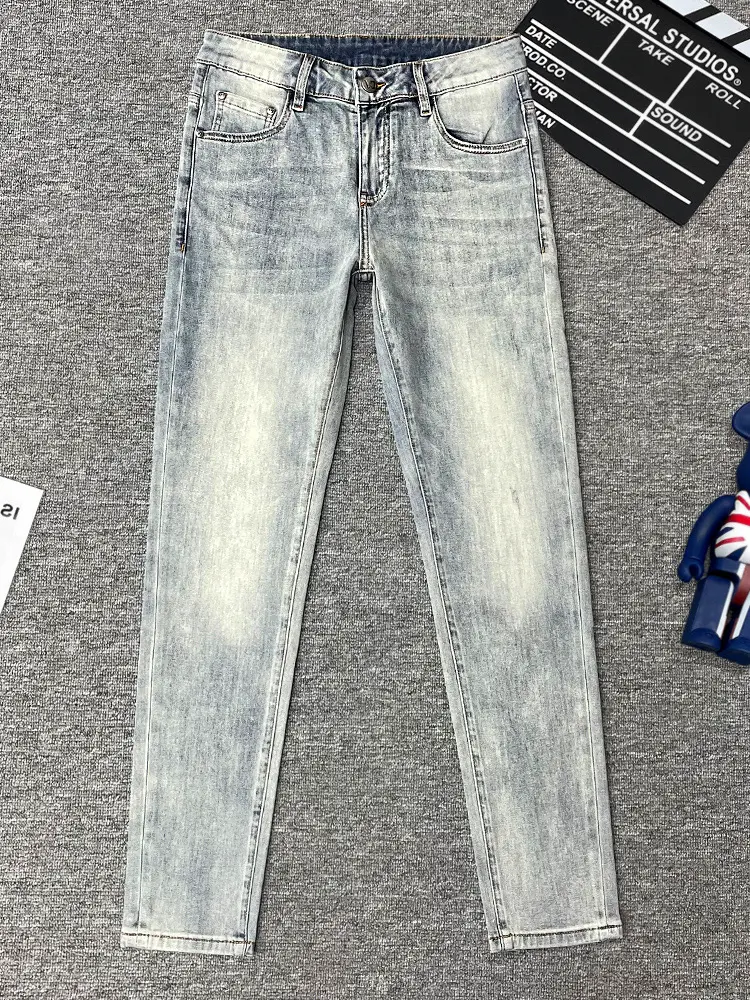2025 European Goods Fashion New arrival Light Color Retro Men's Style silm Denim Summer Thin Style Plaid Small Straight Leg pants