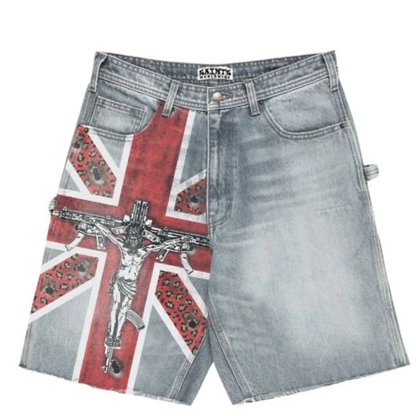 European and American Cross-Border Street Style Patterned Printed Washed Denim Shorts for Men Y2K Vintage Distressed Denim Shorts