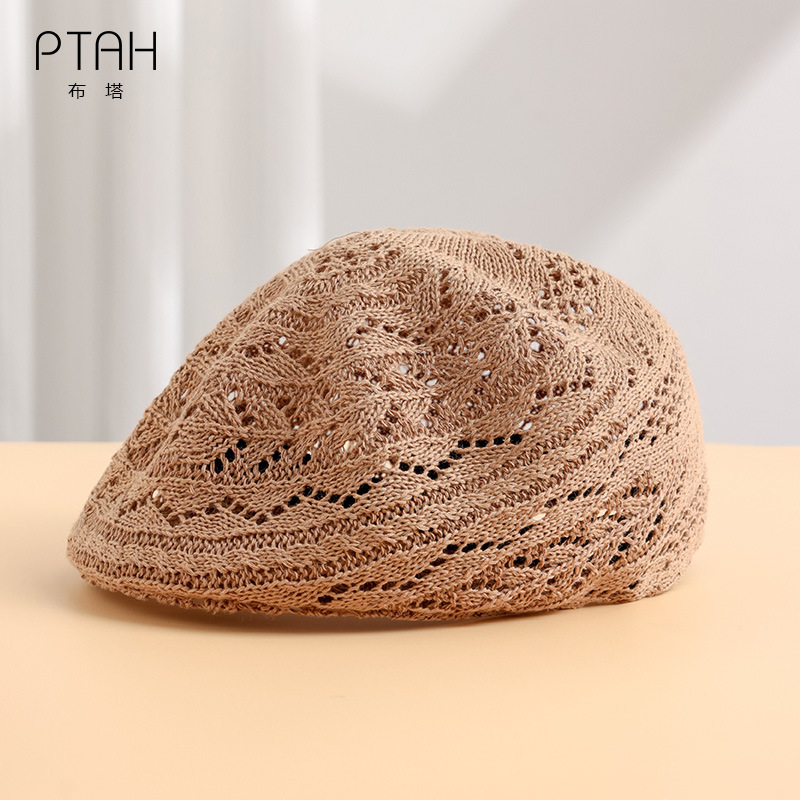 Buta Ramie Cotton Hollow Weave Beret Hat for Women, Summer Thin Style, Artistic Painter Hat, Forward Cap Pt8071