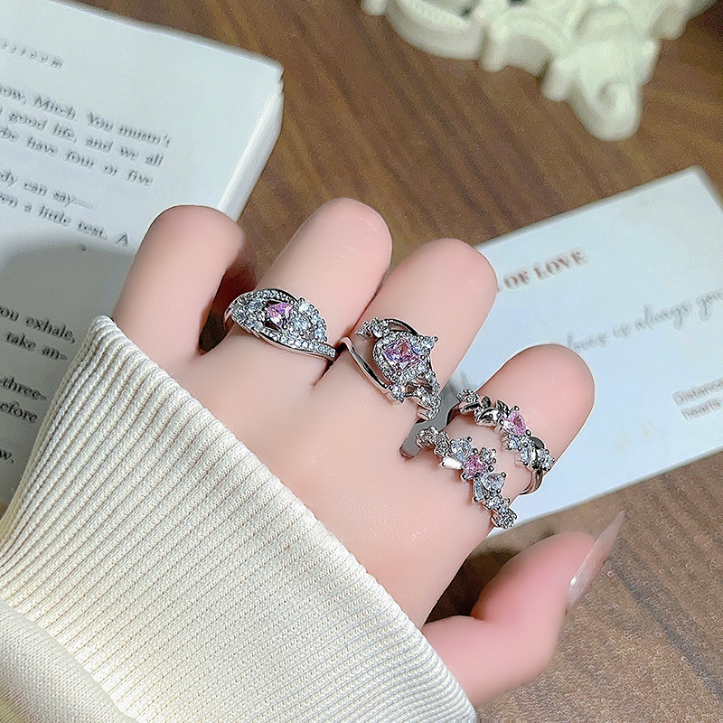 Sweet and Cool Spicy Girl Pink Zircon Thorn Geometric Open Ring Exquisite Ultra-Fairy Niche High-End Stackable Ring for Women