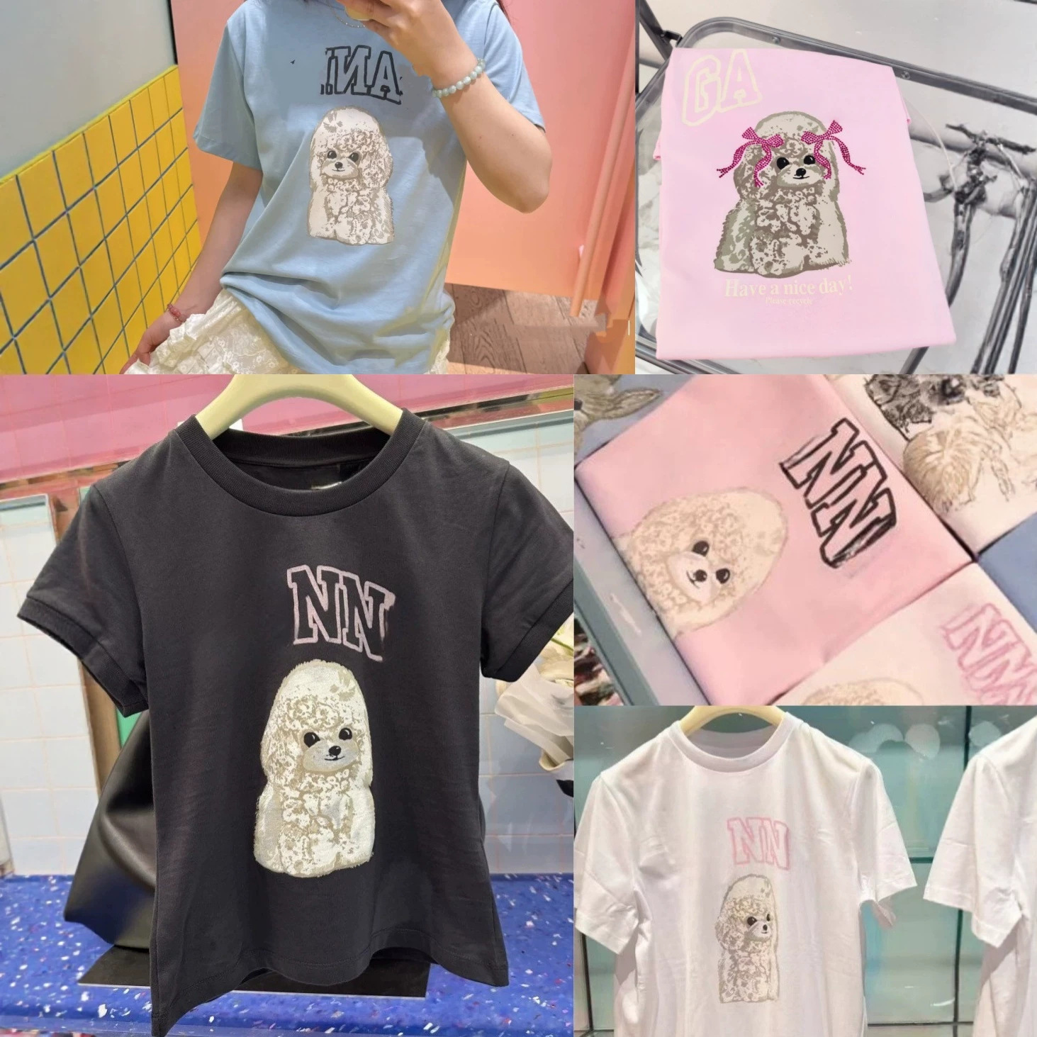 2026 Summer New Niche Designer Letter Poodle Print Round Neck Pure Cotton Loose Short-Sleeved T-Shirt for Women