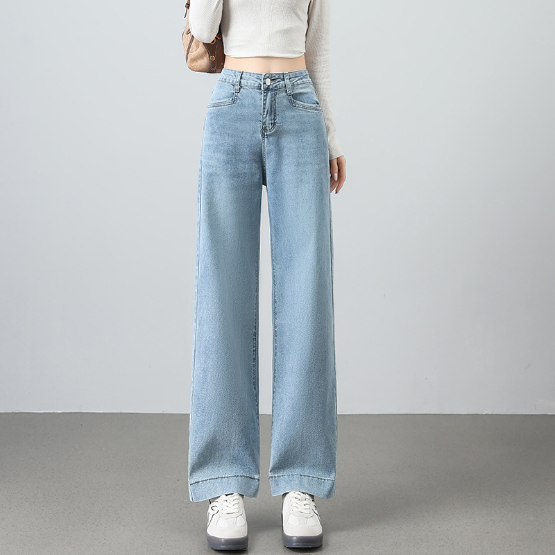Light Blue Wide-Leg Jeans for Women, Spring and Summer, Petite High-Waisted, Slimming, Loose-Fitting, Cropped Straight Pants