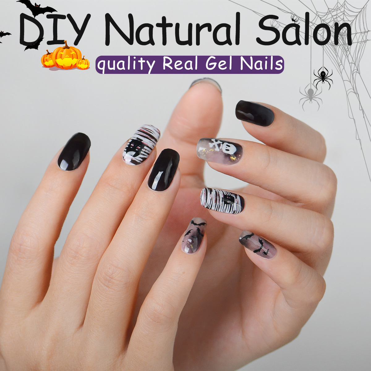 Black Halloween Nail Art Stickers Cross-Border Dark Bat Mummy Semi-Cured Gel Nail Stickers Waterproof and Long-Lasting