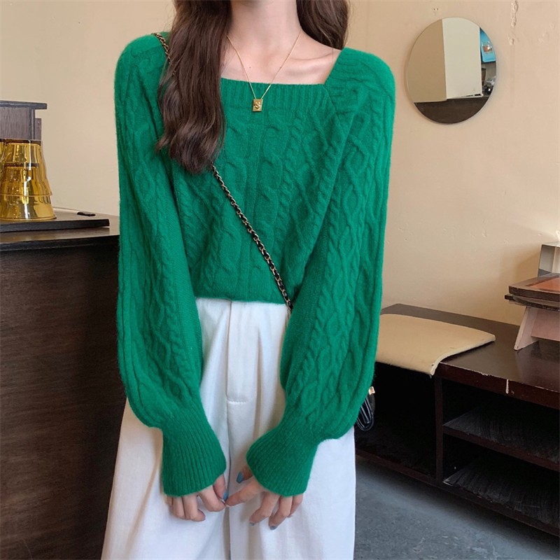 French twist sweater women's design sense 2023 autumn and winter New thick retro square collar short knitted top off-the-neck