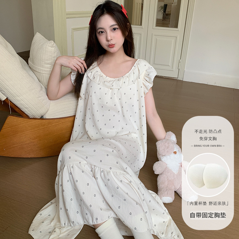 Class a Cotton Nightgown with Chest Pads for Women, Sweet Spring and Summer Sleepwear Dress, One-Piece Summer Women's High-End Nightgown Wholesale
