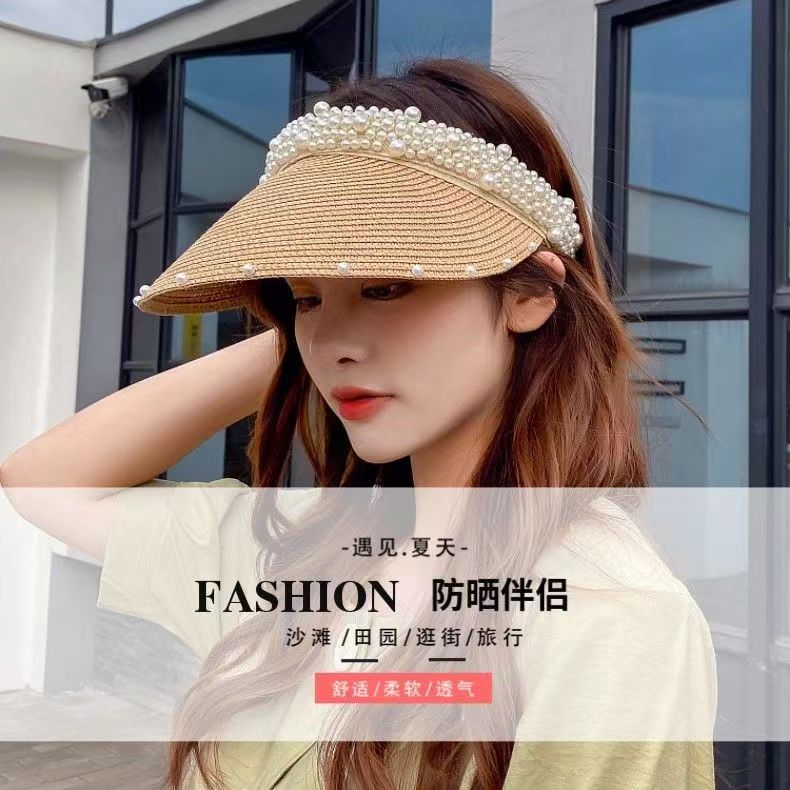 Hat Women's Summer New Shown Face Small Pearl Empty Cap Spring and Summer Cap Fashion Sunscreen Hat Breathable Sun Hat