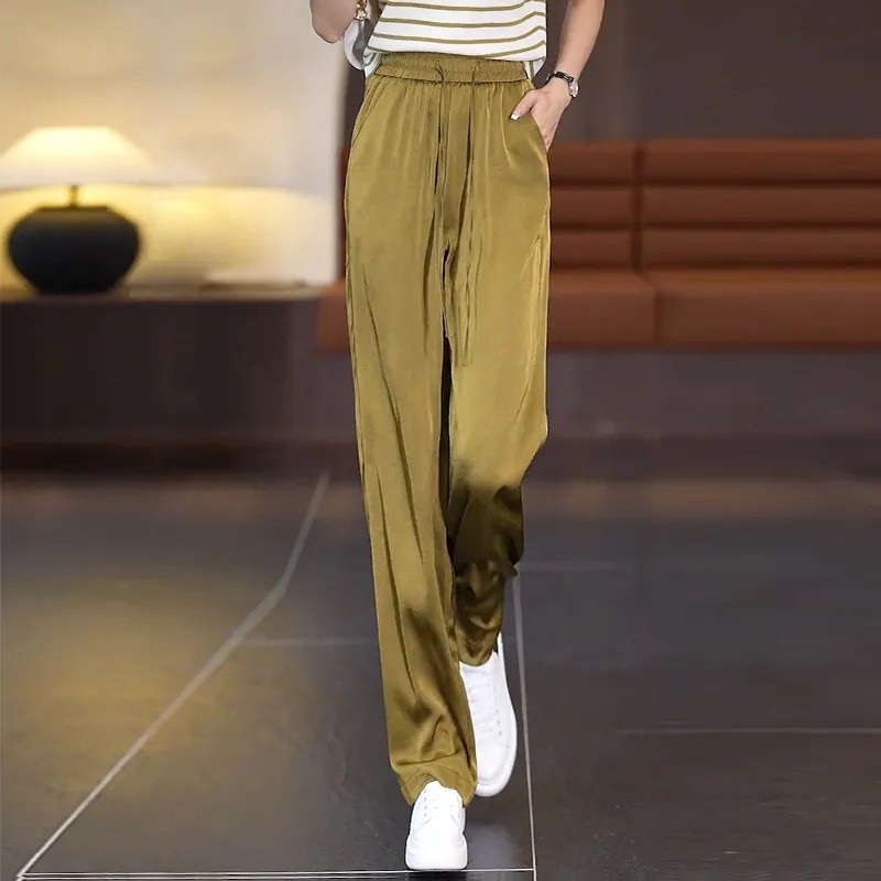 Small 150cm Acetic Acid Satin Wide Leg Pants Women's Summer Cool Pants 155 High Waist Daggy Straight Ice Silk Pants