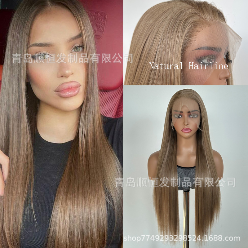 Cross-Border Wigs, Linen Golden Brown Long Straight Hair, Front Lace Hand-Crocheted Cos High-Temperature Fiber Wigs, Factory Ready Stock Wholesale