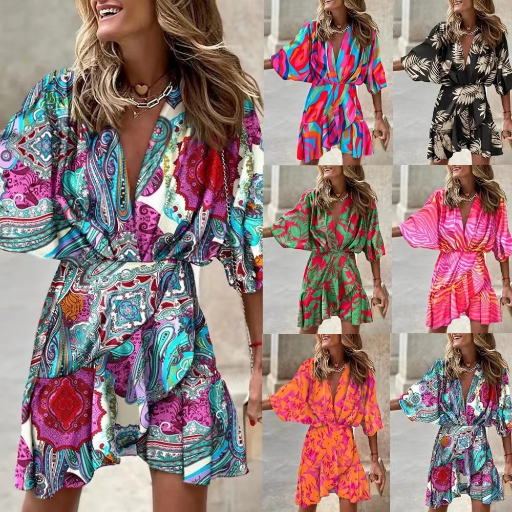 2026 Cross-Border Independent Platform Amazon Hot-Selling Spring and Summer Batwing Sleeve V-Neck Irregular Hem Dress for Women