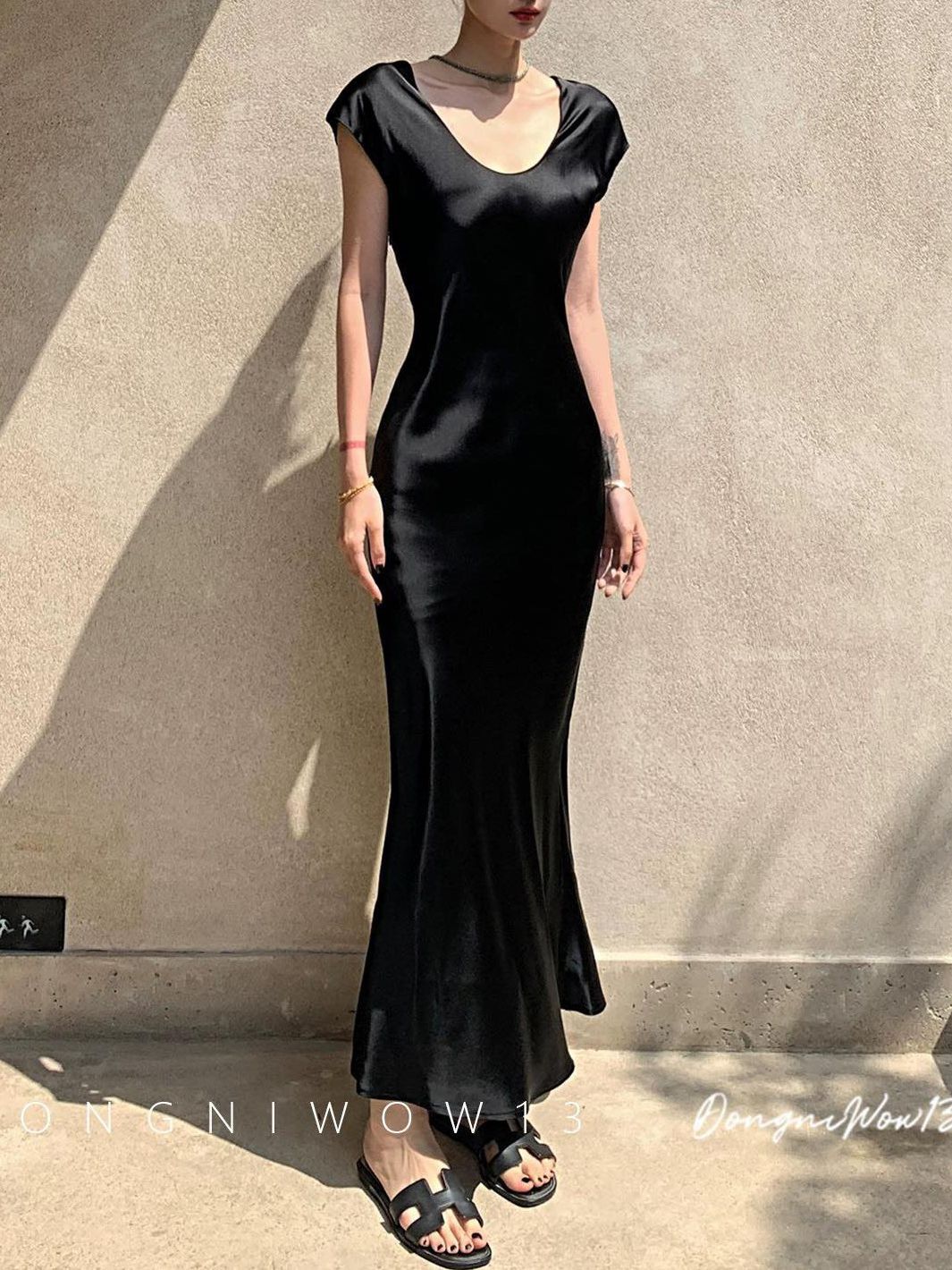 Simple Round-Neck Long Dress 2026 Summer New Style Light Luxury Fashion Slim Fit Fishtail Silky Acetate Satin Dress