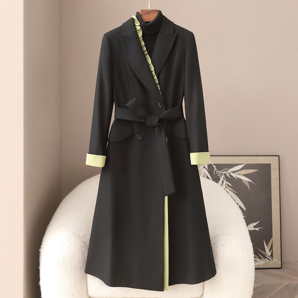 Small Batch Clothing 2026 Spring New Fine Wool Color-Blocked Coat for Women, Faux Two-Piece Simple Style Blazer Collar Jacket
