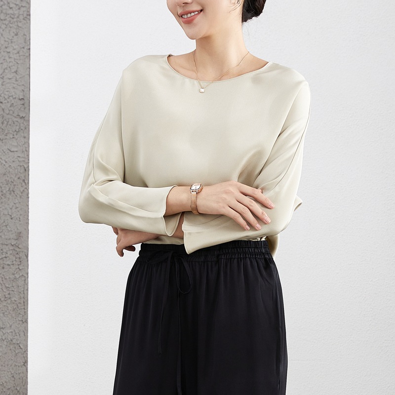 2025 Spring New Bottoming Shirt Silk T-Shirt Women's Mulberry Silk Round Neck Pullover Heavy Weight Silk Long Sleeve Top