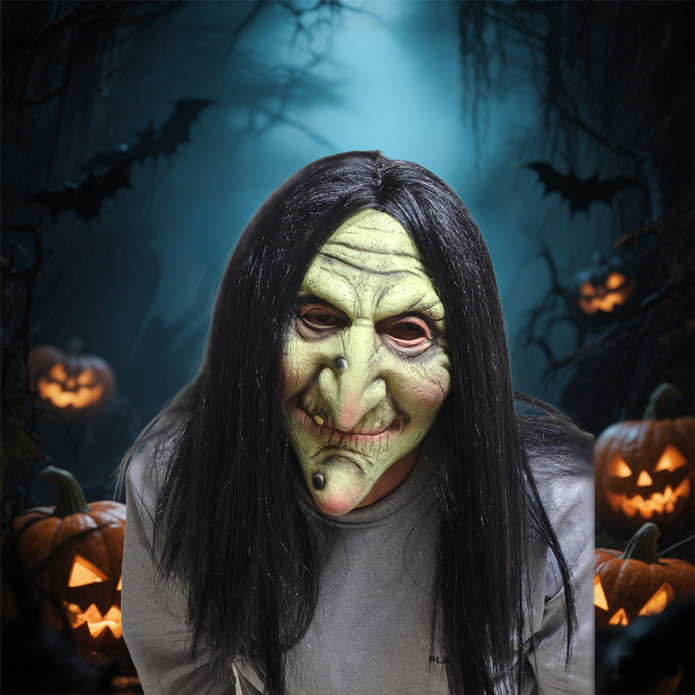 Halloween Old Witch Mask Classic Evil Female Ghost Dress up Black Haired Witch Latex Headgear Ghost Festival Tricky Party