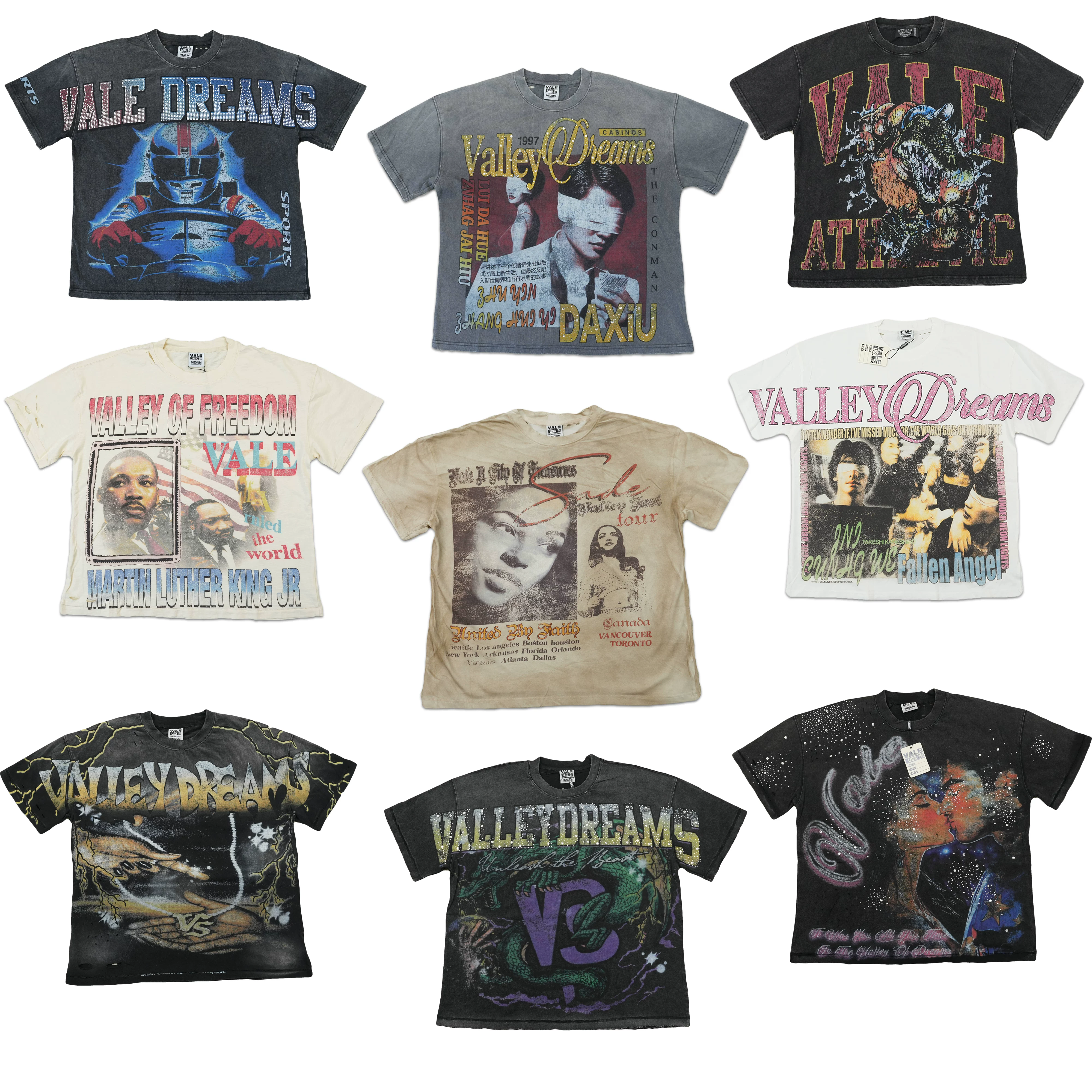 Vale Valley American Trendy Brand Short-Sleeved T-Shirt with Vintage Washed Pattern Print for Export High Street Style