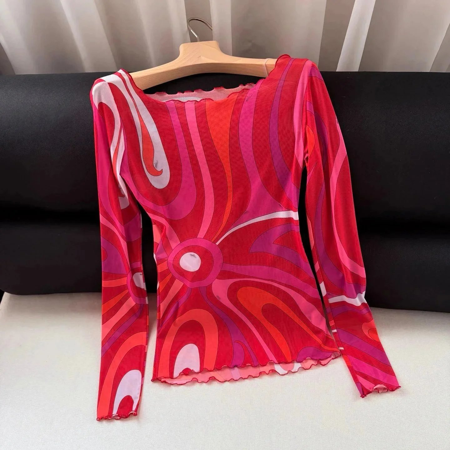 Colorblock Printed Tulle Top Women's Stretch Slim-Fit Long-Sleeved Ruffled T-Shirt