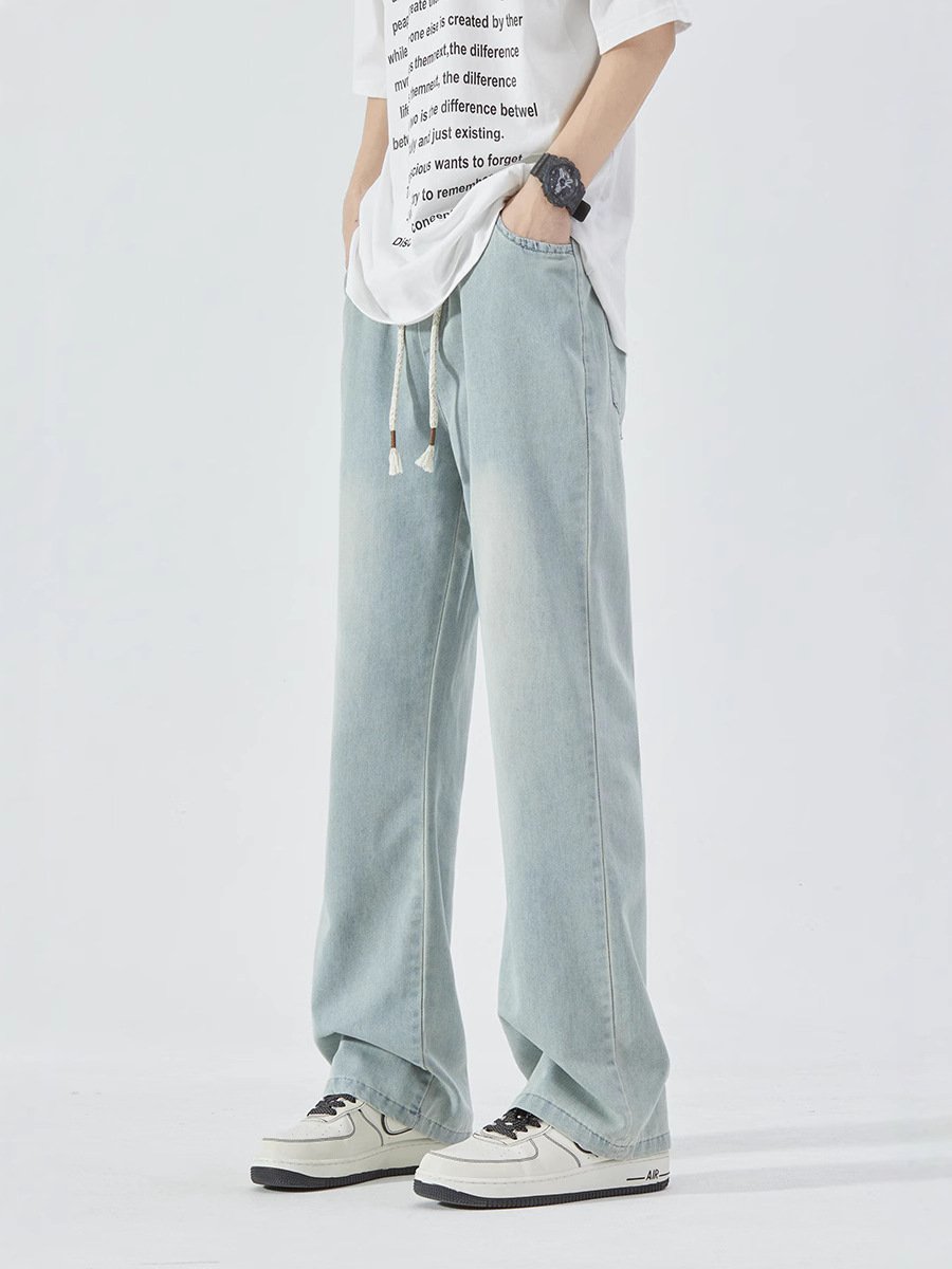 17 Summer Thin Jeans for 13-Year-Old Boys, Loose Straight Wide-Leg Pants for Middle and High School Students, 15 Washed Long Pants, 16