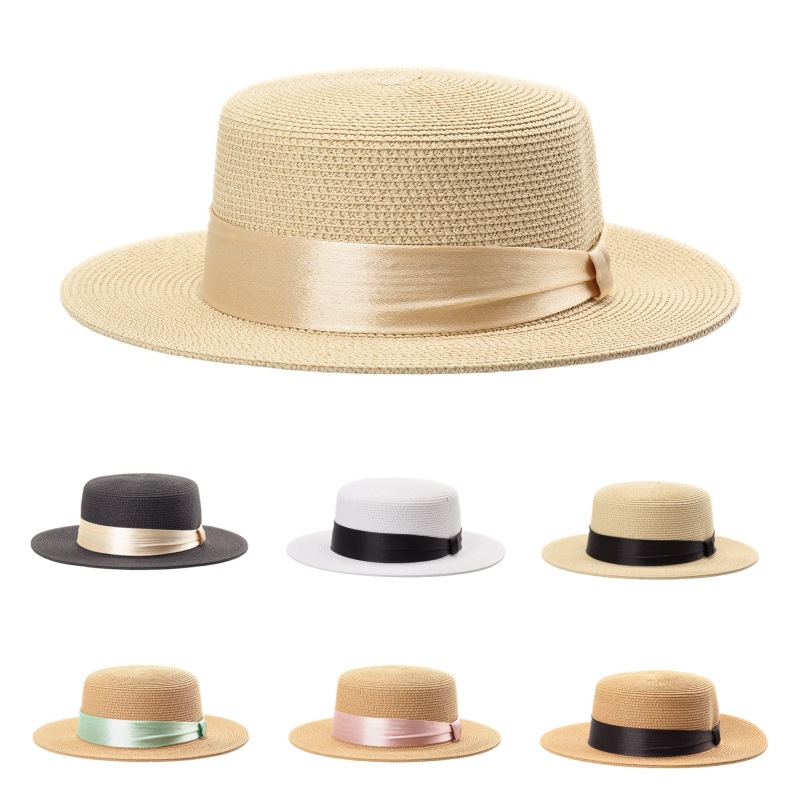 Retro Straw Hat for Women, Spring and Summer Fashion, French-Style Flat-Top Straw Hat, Seaside Vacation Beach Hat, Sun Protection Hat