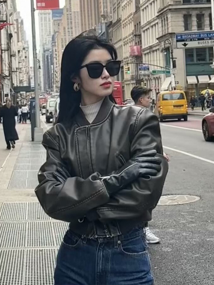 Women's New Quilted Vintage Collar Leather Jacket Women's Winter American Short Puleather Jacket Motorcycle Style Top