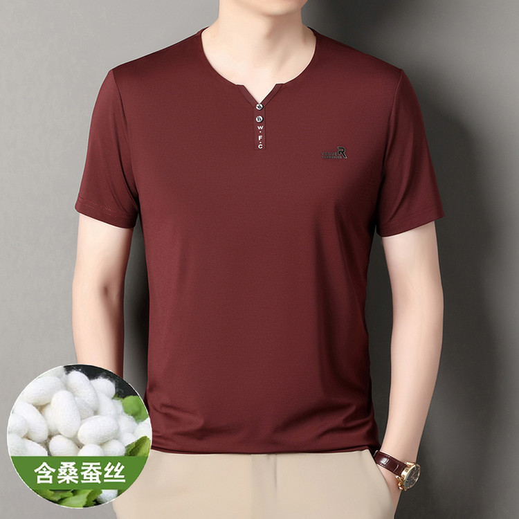 New Mulberry Silk Short-sleeved T-shirt Men's V-neck Summer Solid Color Half-sleeved Fashionable T-shirt Young and Middle-aged Ice Silk Men's Top