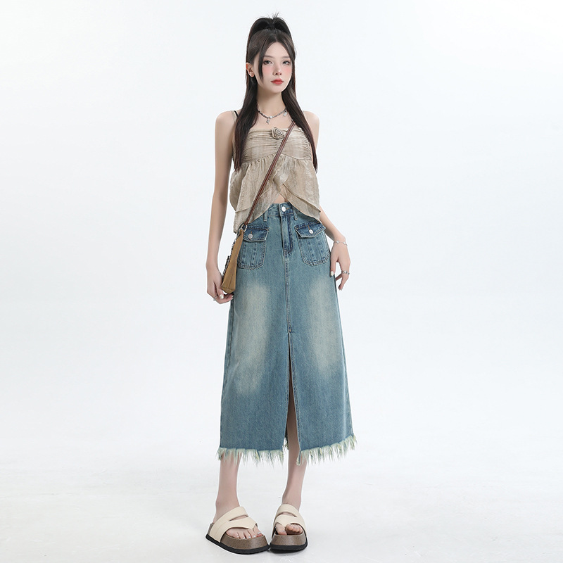 Like 3055 # Retro Slit Denim Skirt for Women New Loose Long High Waist Tassel Small A-Line Skirt