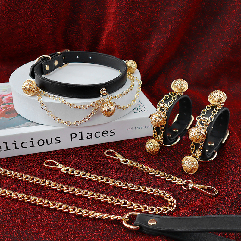 Sm Sex Toys Double Chain Collar with Leash, Teasing Bondage Bell, Handcuffs, Adult Sexual Teasing Products