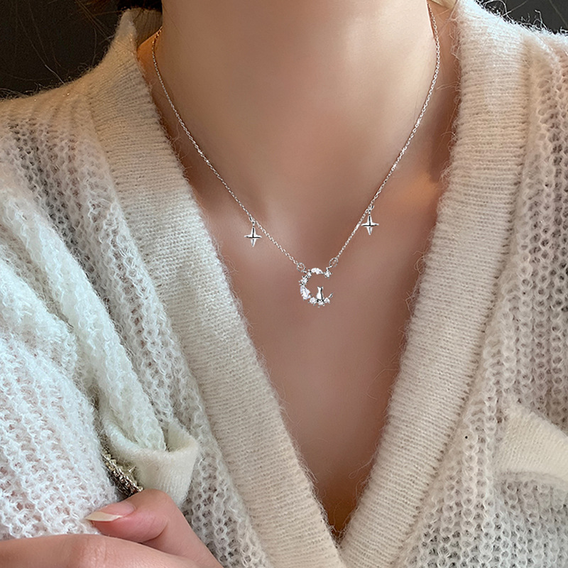 Ancient Cat Ning Moon Cat Necklace Soft Cute Fresh Neck Chain Jewelry Women's Star Moon Tassel Clavicle Chain