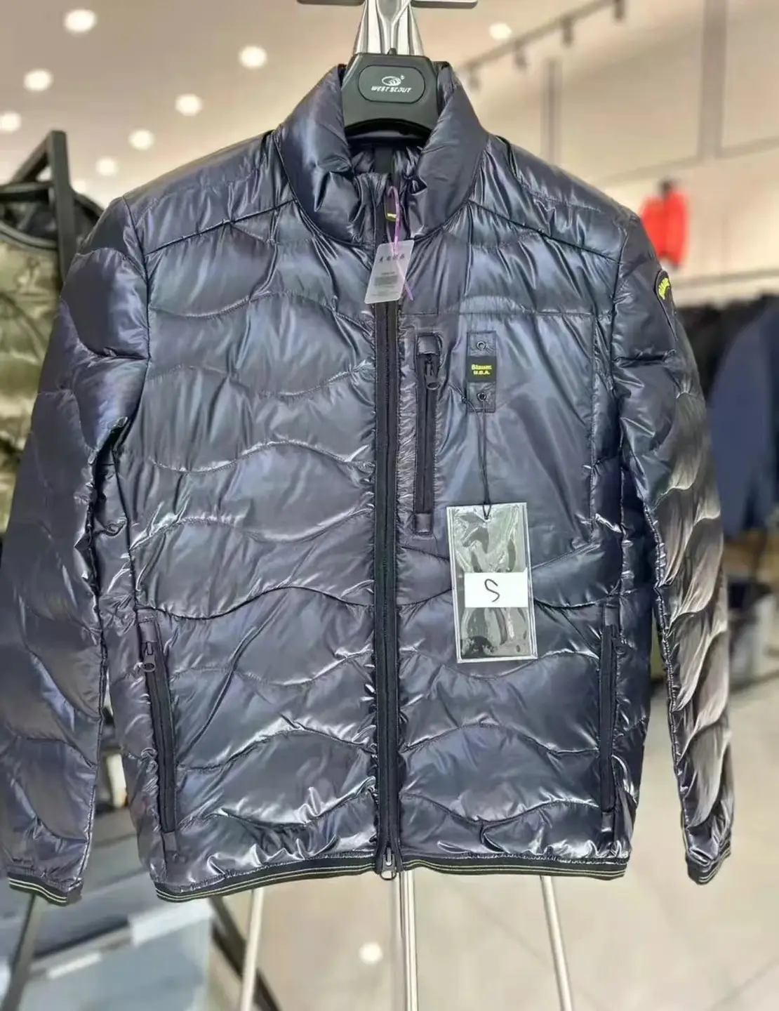 Blue down jacket.
