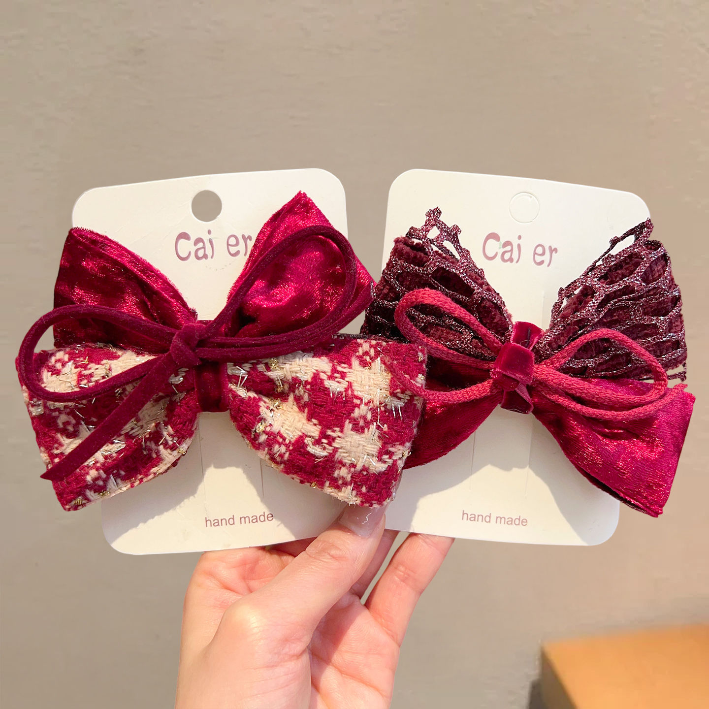 New Red British-Style Children's Hair Accessories, Retro Plaid Academy-Style Fabric Bow Children's Hair Clips and Hair Ties