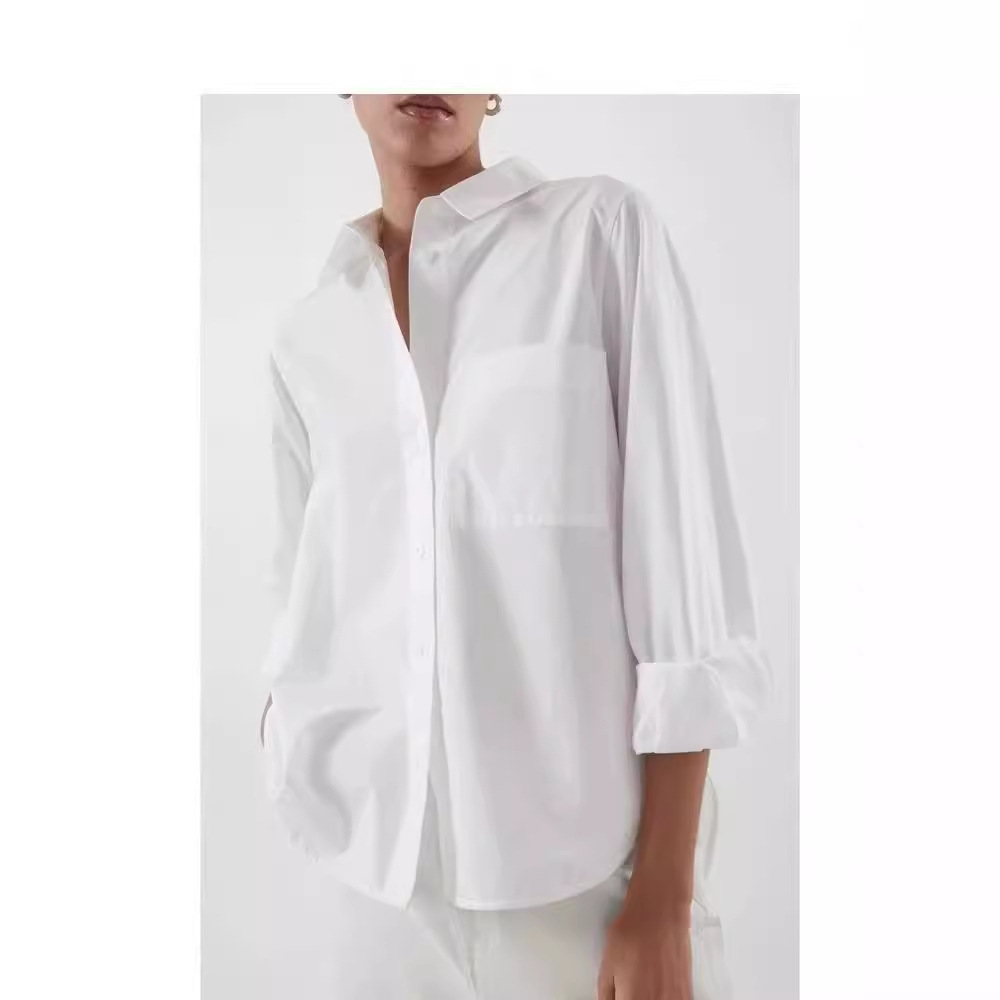 C*Os Women's Clothing Autumn New High-Quality Cotton Patchwork Pointed Collar Patch Pocket Elegant Commuting White Shirt