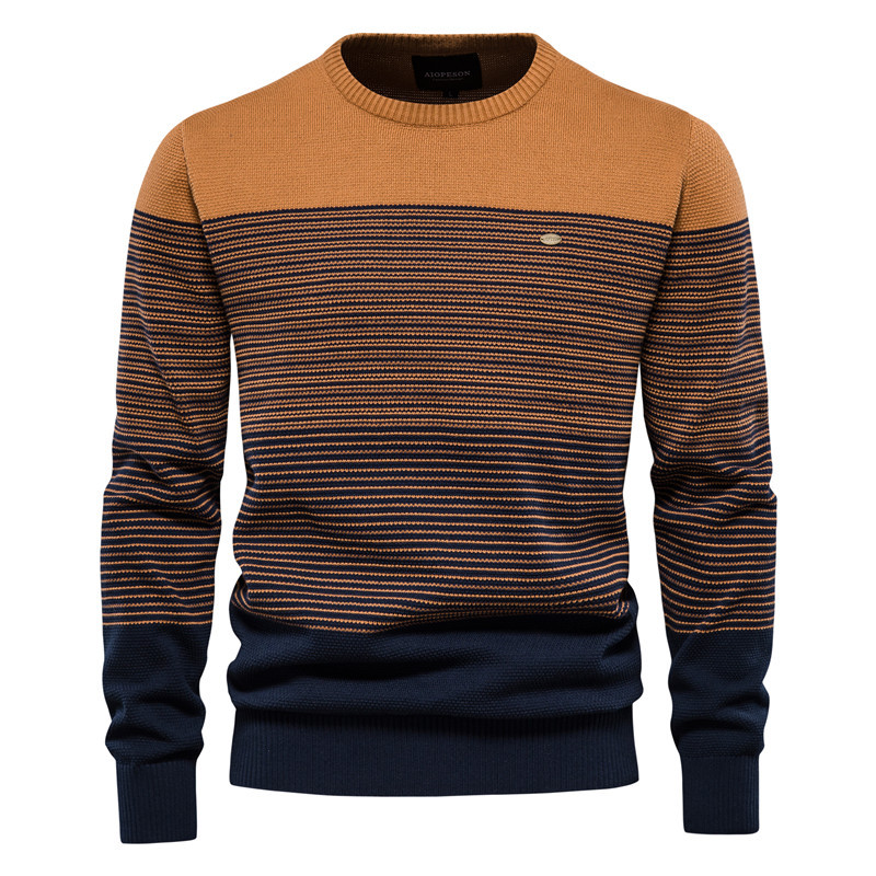 2024 Autumn and Winter Retro Tops Long Sleeve Trendy Men's Sweaters Slim Round Neck Striped Men's European Size Sweater Trend
