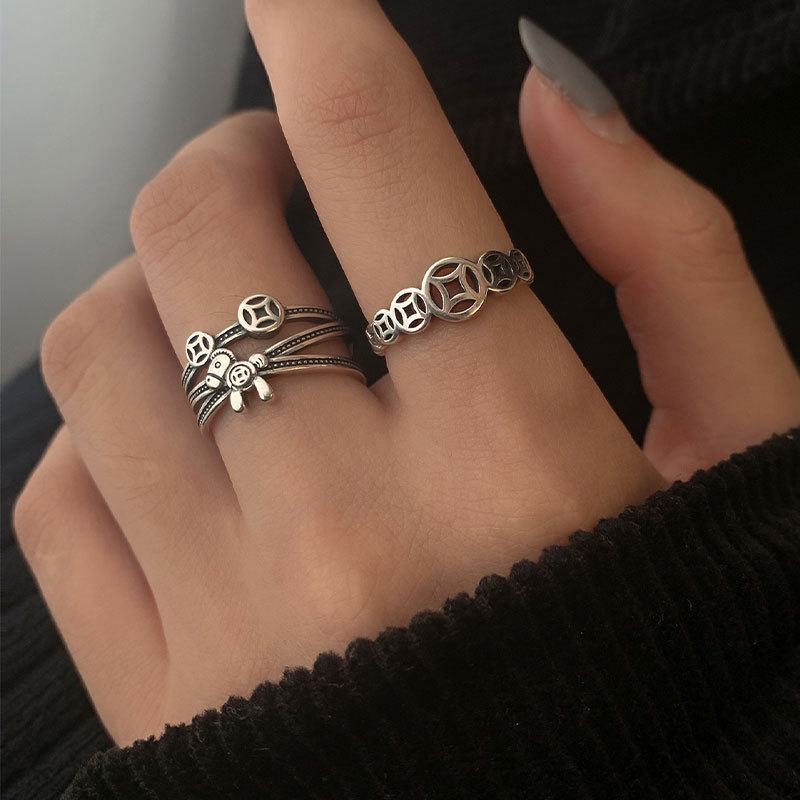Right Now Money Ring Women's Trendy Hollow Copper Finger Ring Vintage Old Stacked Wear Style Imitation Thai Silver Open Ring