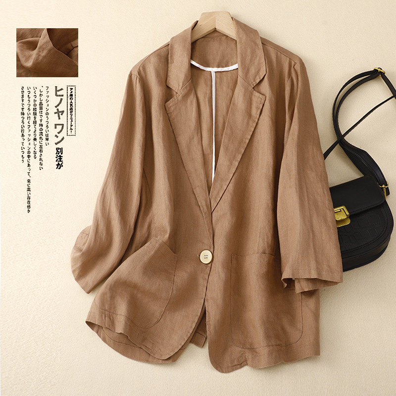 Cotton and Linen Casual Three-Quarter Sleeve Short Jacket for Women, Solid Color Small Blazer Top, 2026 Spring Artistic Small Jacket for Women, Loose Fit