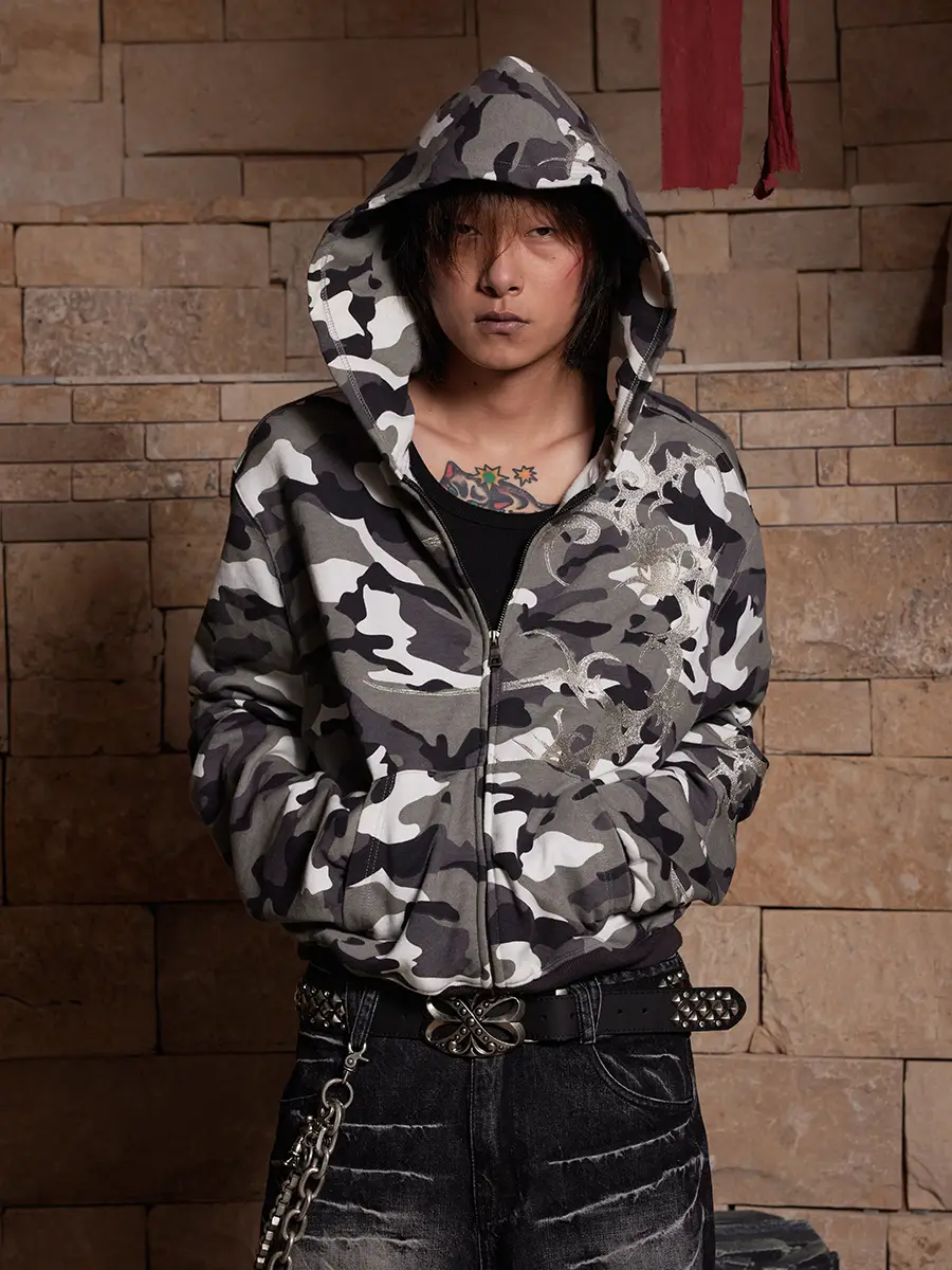 Dnd4Des 24Aw American Street Acid Pattern Embroider Boxy Zipper Hooded Snow Camouflage Sweatshirt Outwear