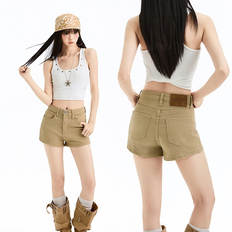 American Style Hot Girl Denim Shorts New Style Butt-Lifting Sexy Hot Pants for Women in Khaki, Black, White and Other Solid Colors Cotton