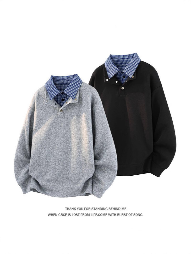 Shanggu Men's Clothing | Heavyweight 330g Cotton Plaid Fake Two-Piece Stand Collar Student Men's Loose Sweatshirt Retro College Style.
