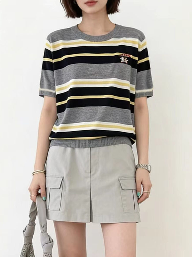 Korean Style College Color-Block Striped Short-Sleeve T-Shirt for Women, New Summer Model, Ice Silk Round Neck Embroidered Casual Knit Top