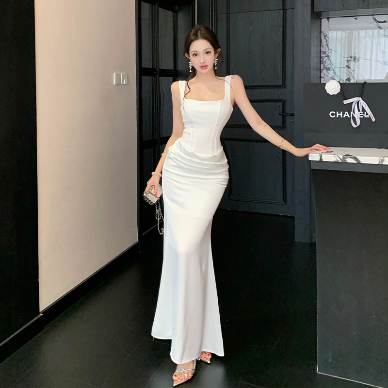 Cross-Border Sexy Satin Slip Dress 2026 Summer New Square Neck Elegant Waist-Cinching Slimming Long Gown for Women