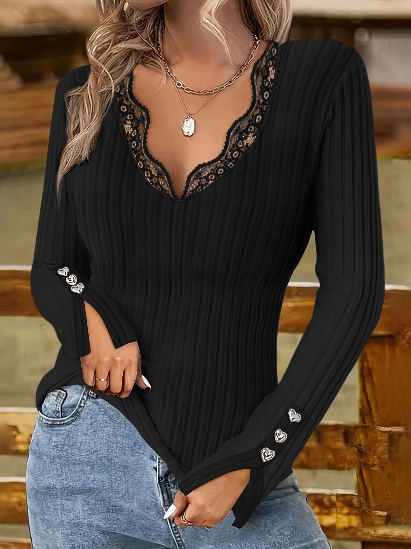 Autumn and Winter New Women's Cross-border Foreign Trade Top European and American V-neck Lace Stitching Button Decorative Long Sleeve Top Women's Clothing