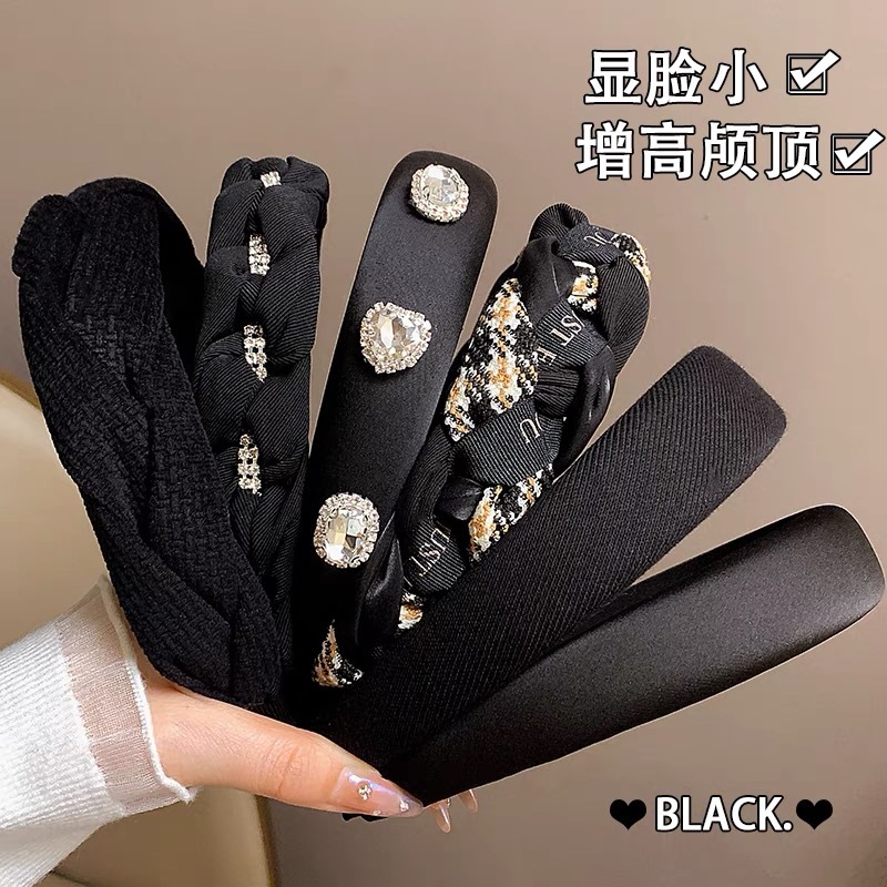 South Korea autumn and winter headband girl 2023 new rhinestone pearl Chanel style black sponge high Skull top headdress wholesale