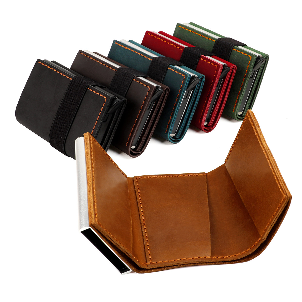 Crazy Horse Leather Anti-theft Brush Tri-fold Aluminum Box Card Holder with elastic band buckle wallet manual pop-up card holder card holder US dollar bag