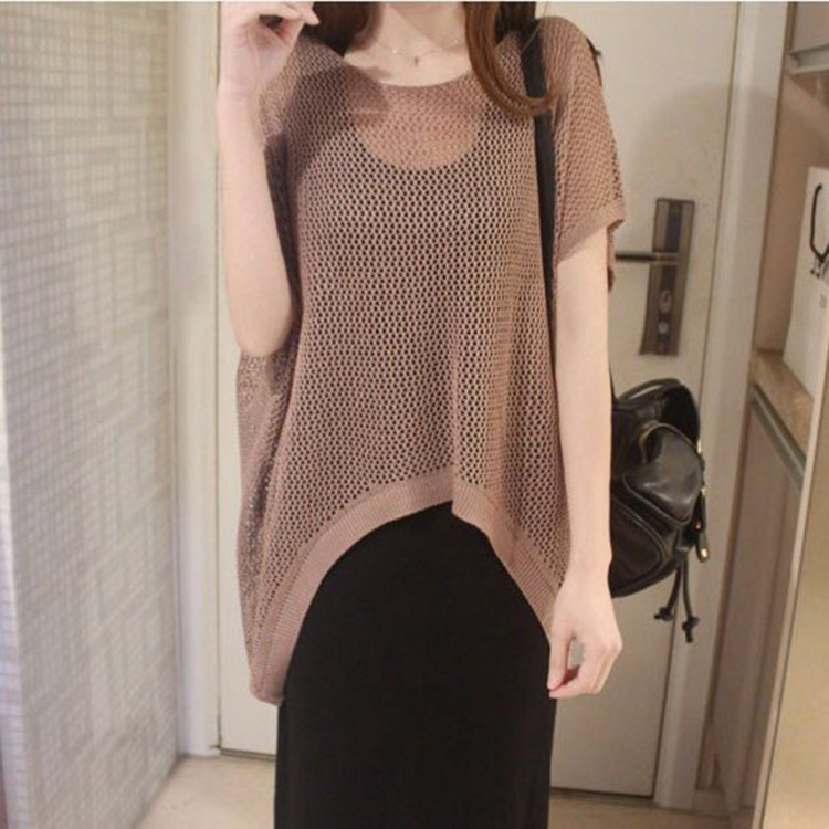 Spring and Summer 2023 New Korean Style Hollow Knitted Sweater Color Fishing Net Short Sleeve T-shirt Bat Sleeve Blouse Sweater Women's Clothing