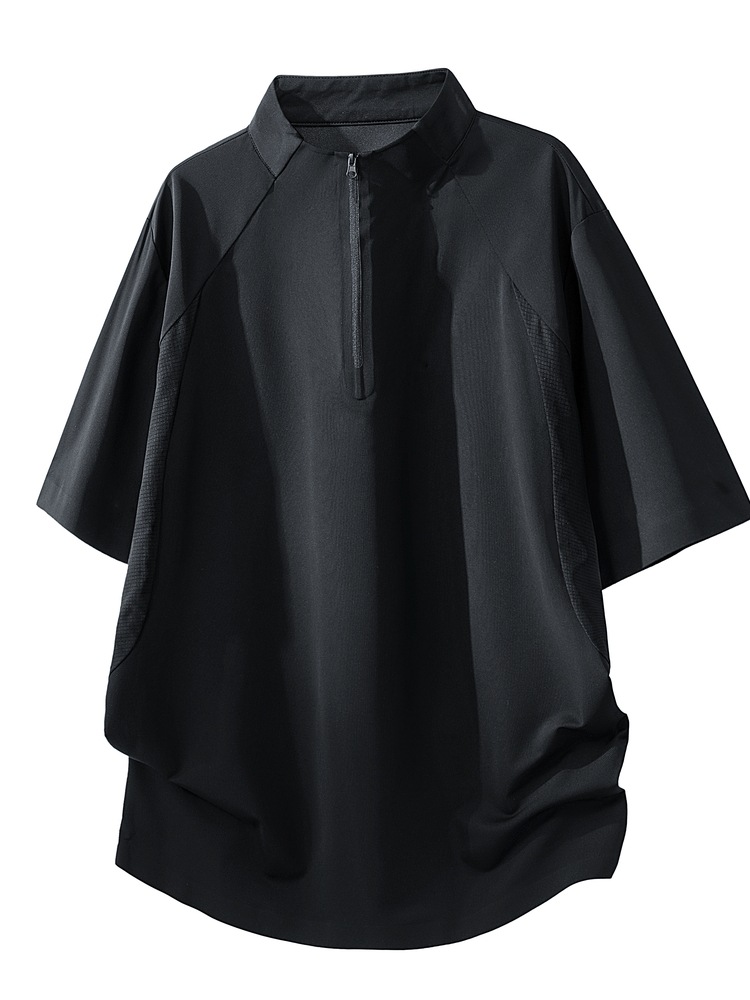 White Deconstructed Patchwork Half-Zip Short-Sleeve Men's Summer American-Style Heavyweight T-Shirt with Regular Shoulders and Henley Collar Polo Shirt