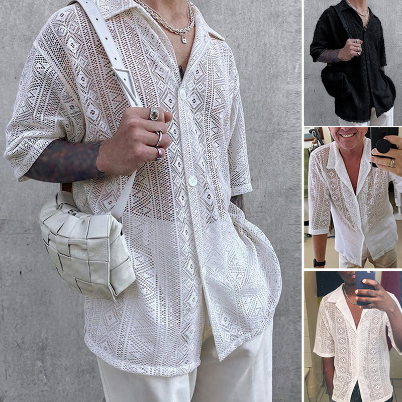 2026 Summer New Solid Color Shirt Foreign Trade Sexy Men's Fashion Mid-Sleeve European and American Style Mesh See-Through Lace Shirt