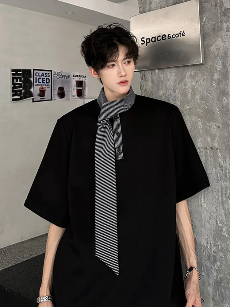 American Retro Splicing Tie Nautical Short-Sleeved Men's Summer Niche Design Shoulder Pad T-Shirt High-End Half-Sleeve