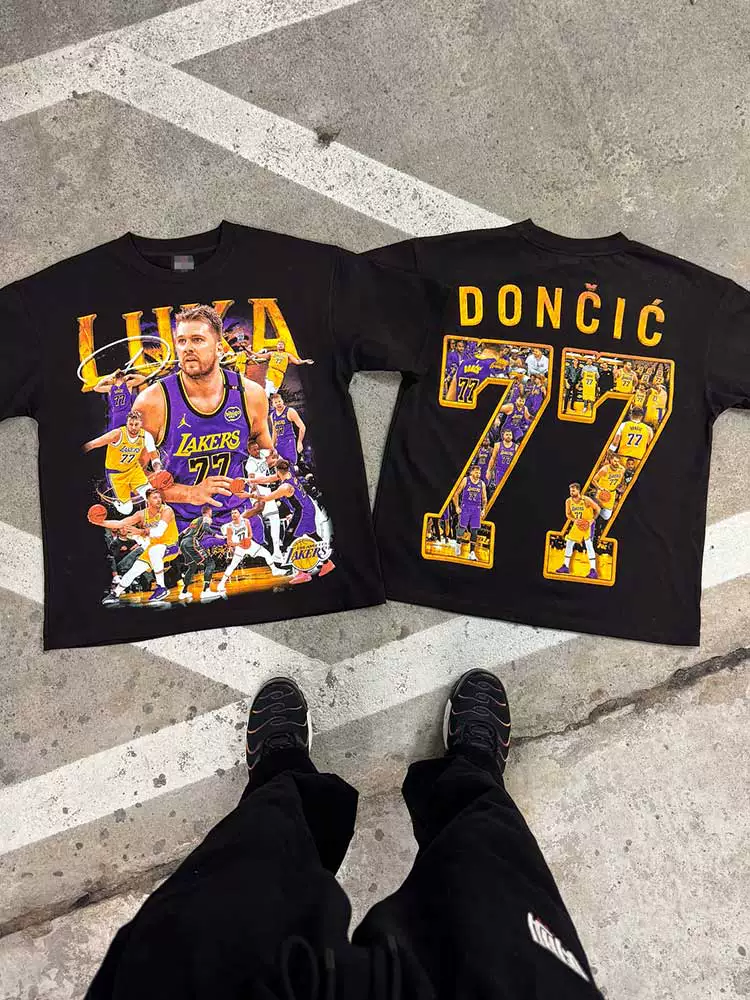 Lakers Doncic Portrait T-Shirt Basketball Star Dong 77 American Digital White Ink Direct Spray Pure Cotton Loose Short Sleeves