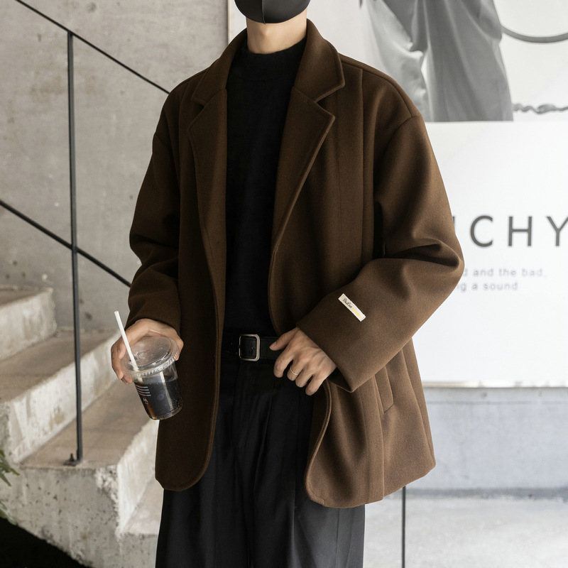 Korean Style Short Woolen Coat for Boys Autumn and Winter Trendy Brand Windbreaker American Suit Jacket for Men Casual All-match Jacket