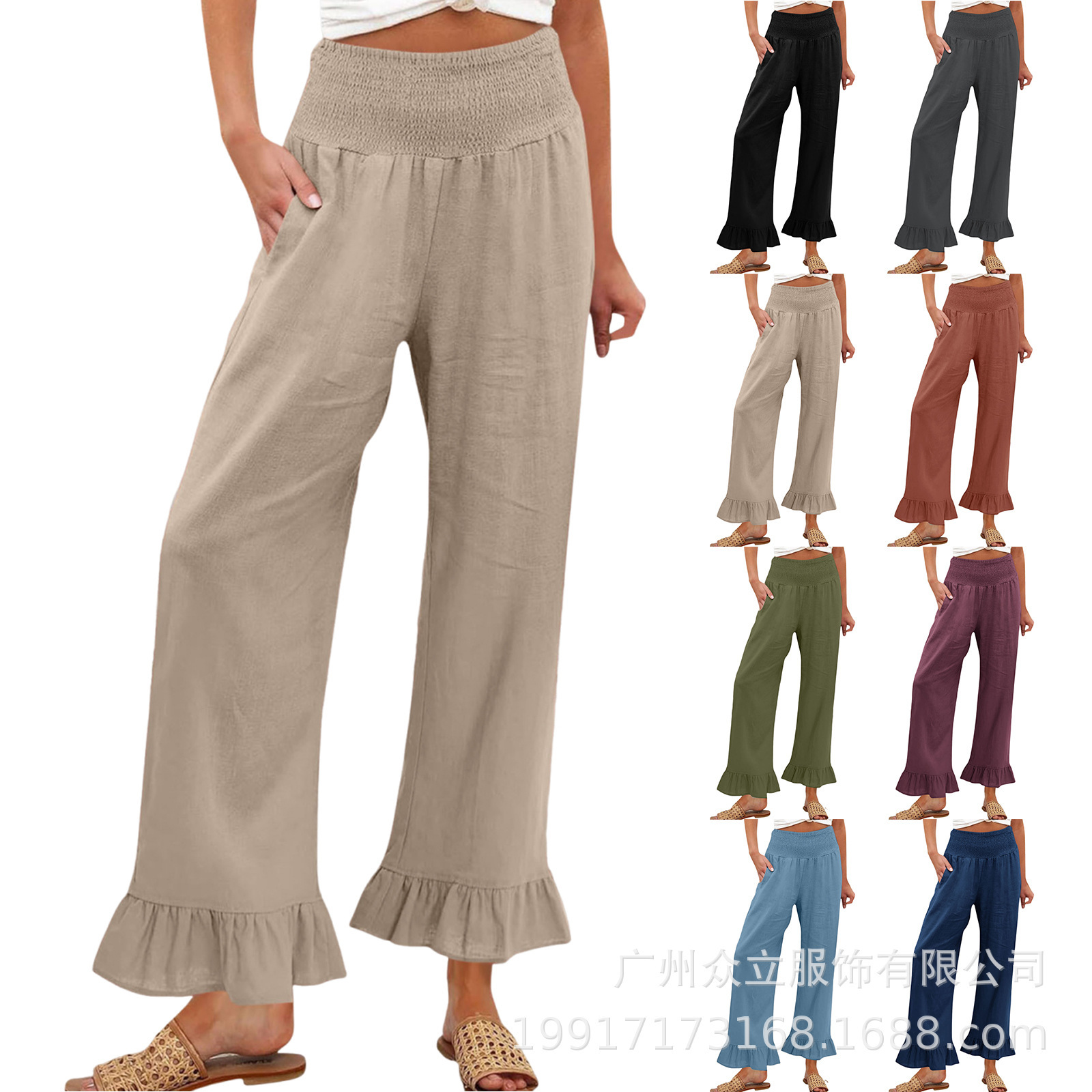 Amazon Spring and Summer European and American Women's Clothing Solid Color Cotton and Linen Loose Lace Casual Beach Vacation Long Pants Women's Clothing
