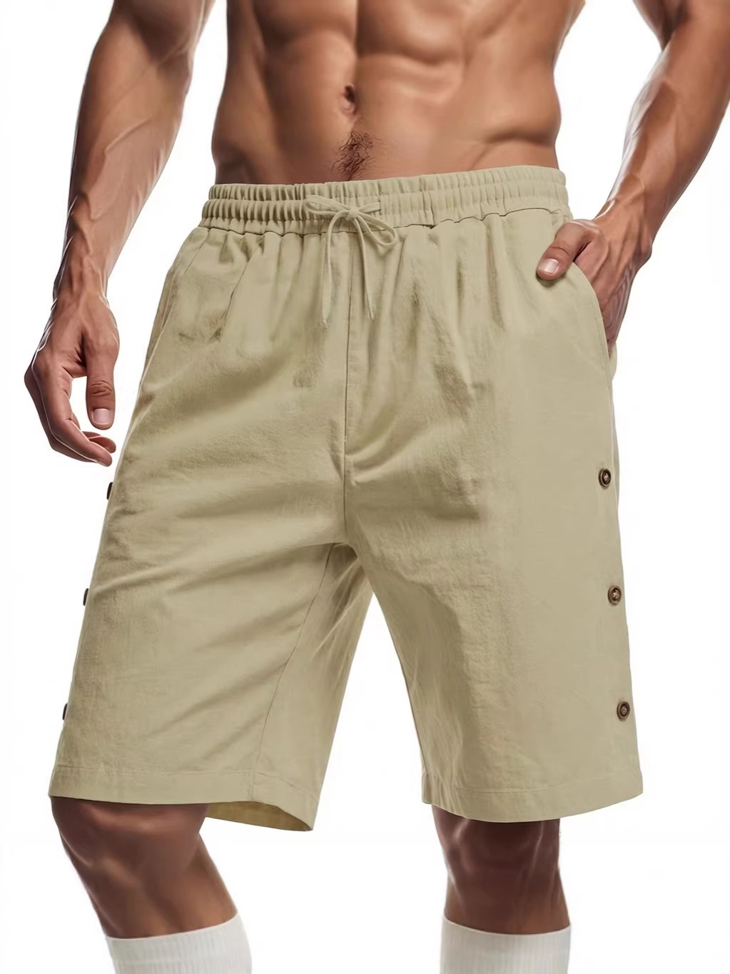2026 Cross-Border European and American Men's Spring and Summer Daily Beach Casual Sports Solid Color Cotton and Linen Drawstring Shorts