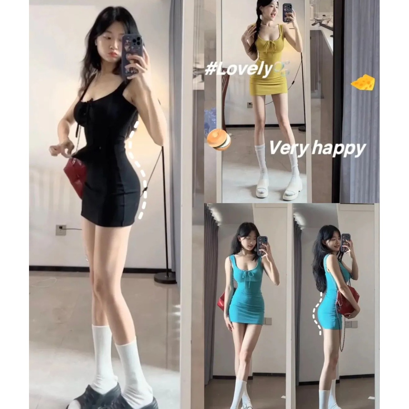 Hot Girl High-Waisted Drawstring Bow U-Neck Tank Top Pure Desire Style Bodycon Short Skirt Slimming Pear-Shaped Body Outfit Dress